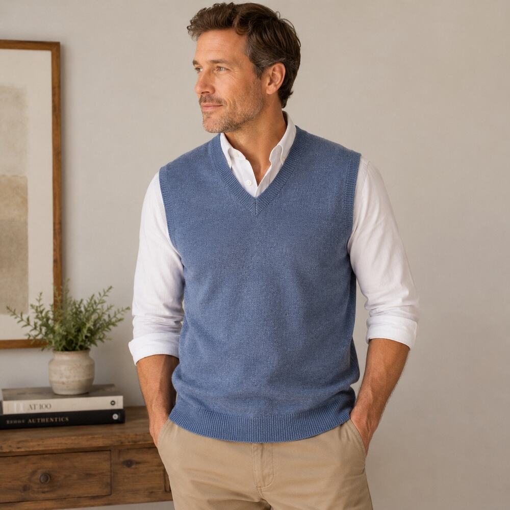 WinterSilks 100% Silk Knit Sweater Vest Blue V-Neck Sleeveless NWT Medium